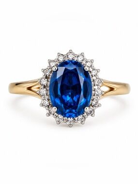 Sterling Silver 925 Gold Over Blue Stone Ring CZ Halo Size 7.75 Cocktail